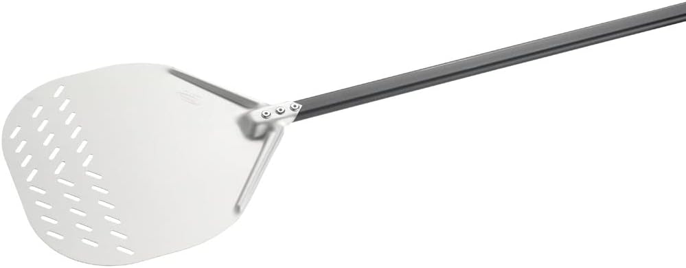 Gi.Metal Pala per Pizza in Alluminio anodizzato neutro (Diametro 32 cm, Manico 60 cm, Peso 0.48 Kg) – Forata sulla Parte iniziale per scaricare la Farina – 100% Made in Italy