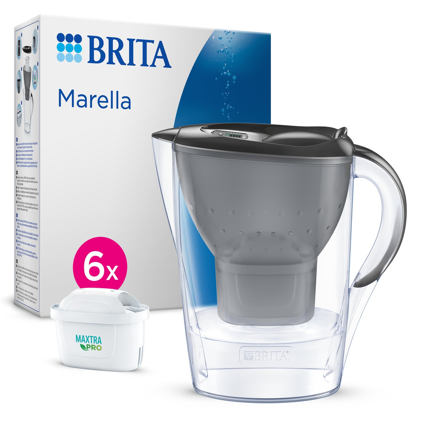 Caraffa filtrante Acqua Marella Grafite (2,4 L) 6 Filtri Maxtra Pro All-in-1, Brita