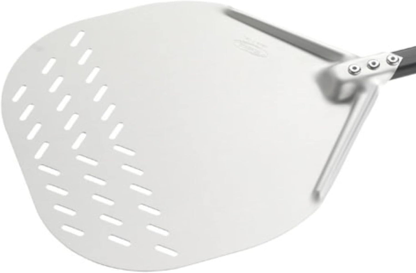 Gi.Metal Pala per Pizza in Alluminio anodizzato neutro (Diametro 36 cm, Manico 60 cm, Peso 0.56 Kg) – Forata sulla Parte iniziale per scaricare la Farina - 100% Made in Italy