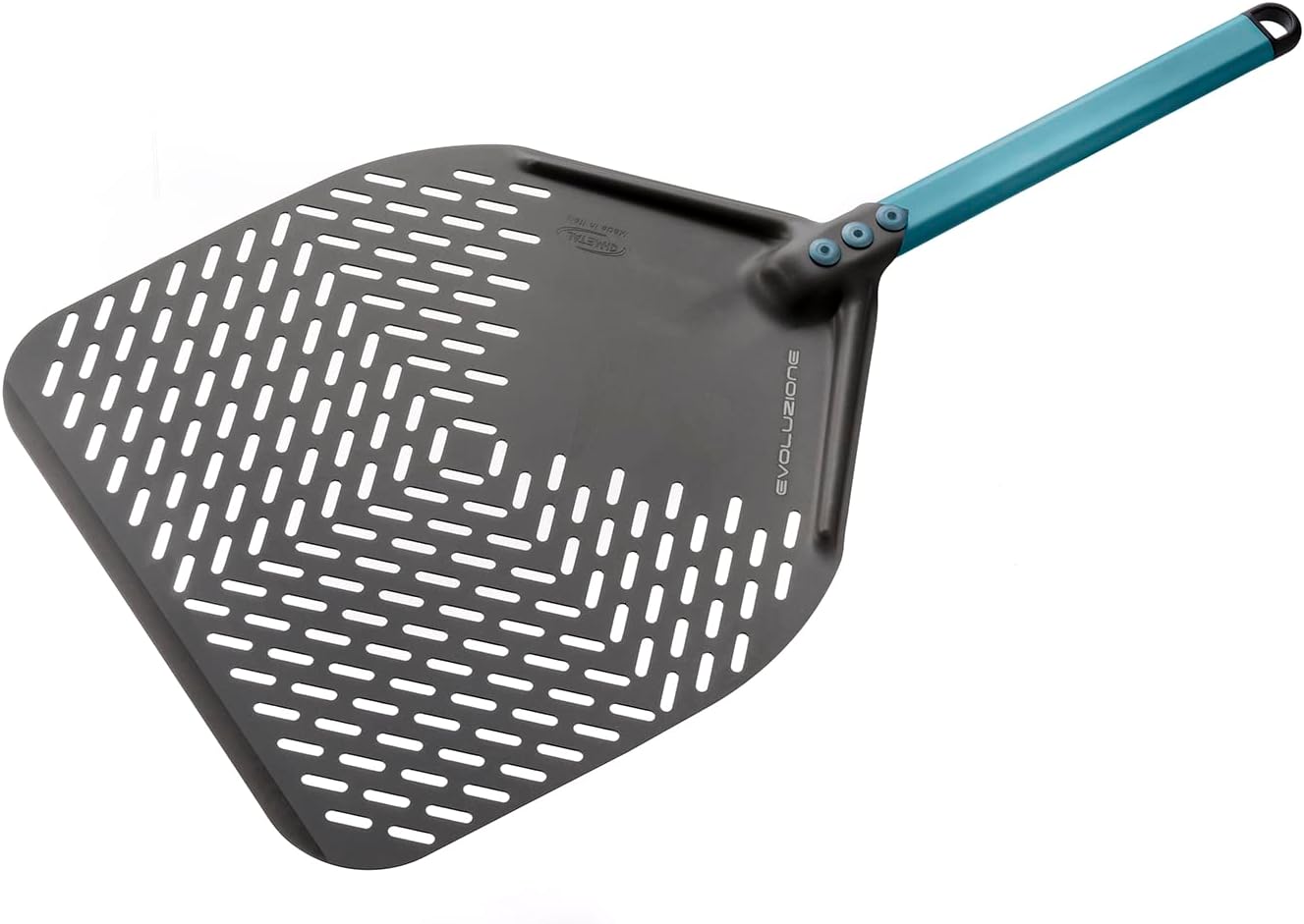 Gi.Metal Pala per Pizza rettangolare asolata (33x33 cm, Manico corto 30 cm) - Alluminio anodizzato in Ossido duro - Linea Evoluzione, alta Resistenza a Calore e Corrosione, Colore Avio