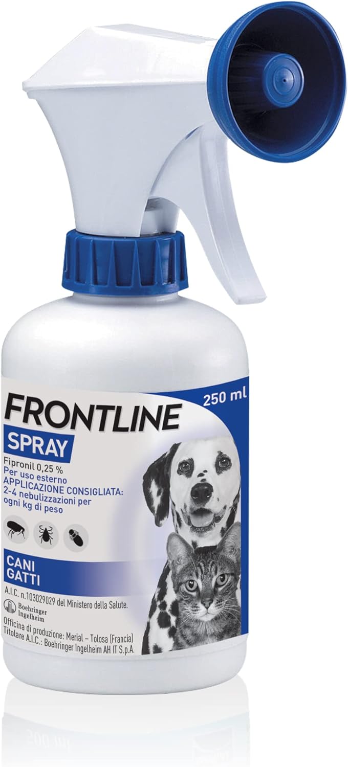 FRONTLINE Spray 250 ml, Antiparassitario per Cani e Gatti e Cuccioli dal Secondo Giorno di Vita, a Lunga Durata, Elimina e Protegge da Zecche, Pulci e Pidocchi