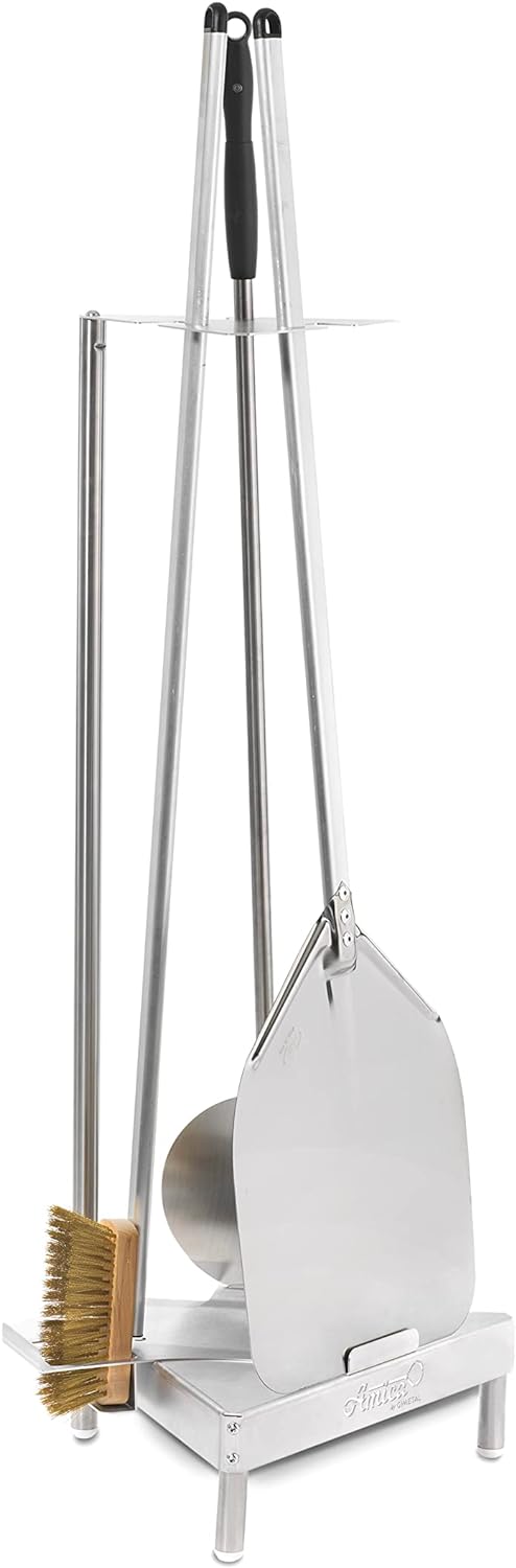 Gi.Metal Kit Accessori Pizza (Pala per Pizza Testa 30cm, Palettino Testa 20cm, Spazzola e Base Porta Attrezzi Autoportante, h strumenti 90cm) - Tripizza Linea Amica, 100% Made in Italy