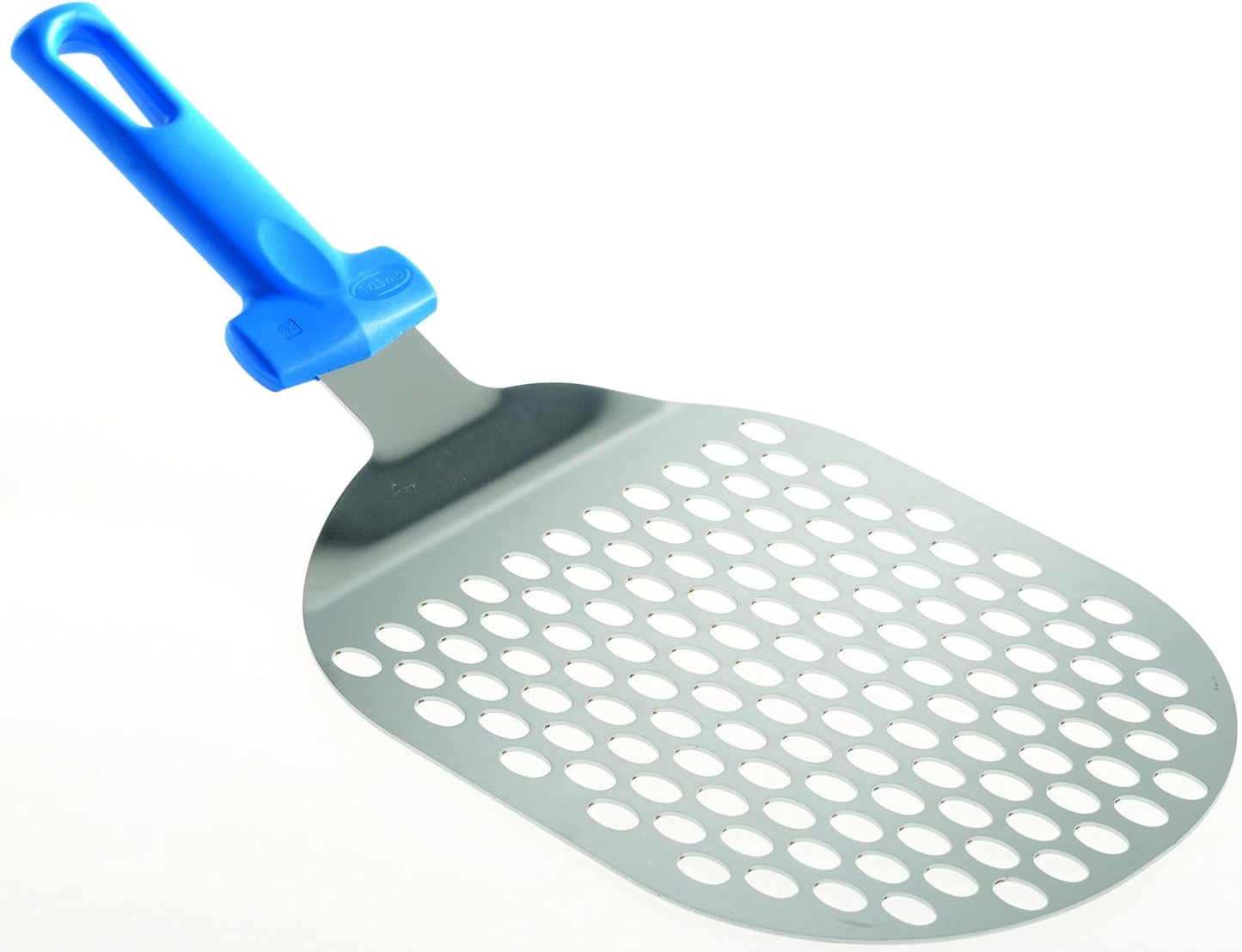Gi.Metal Paletta ovale per Pizza, Pala per Pizza, in Acciaio Inox, Forata (17,5x21 cm) - Manico in Polimero resistente alle alte Temperature, Antiurto e Antigraffio
