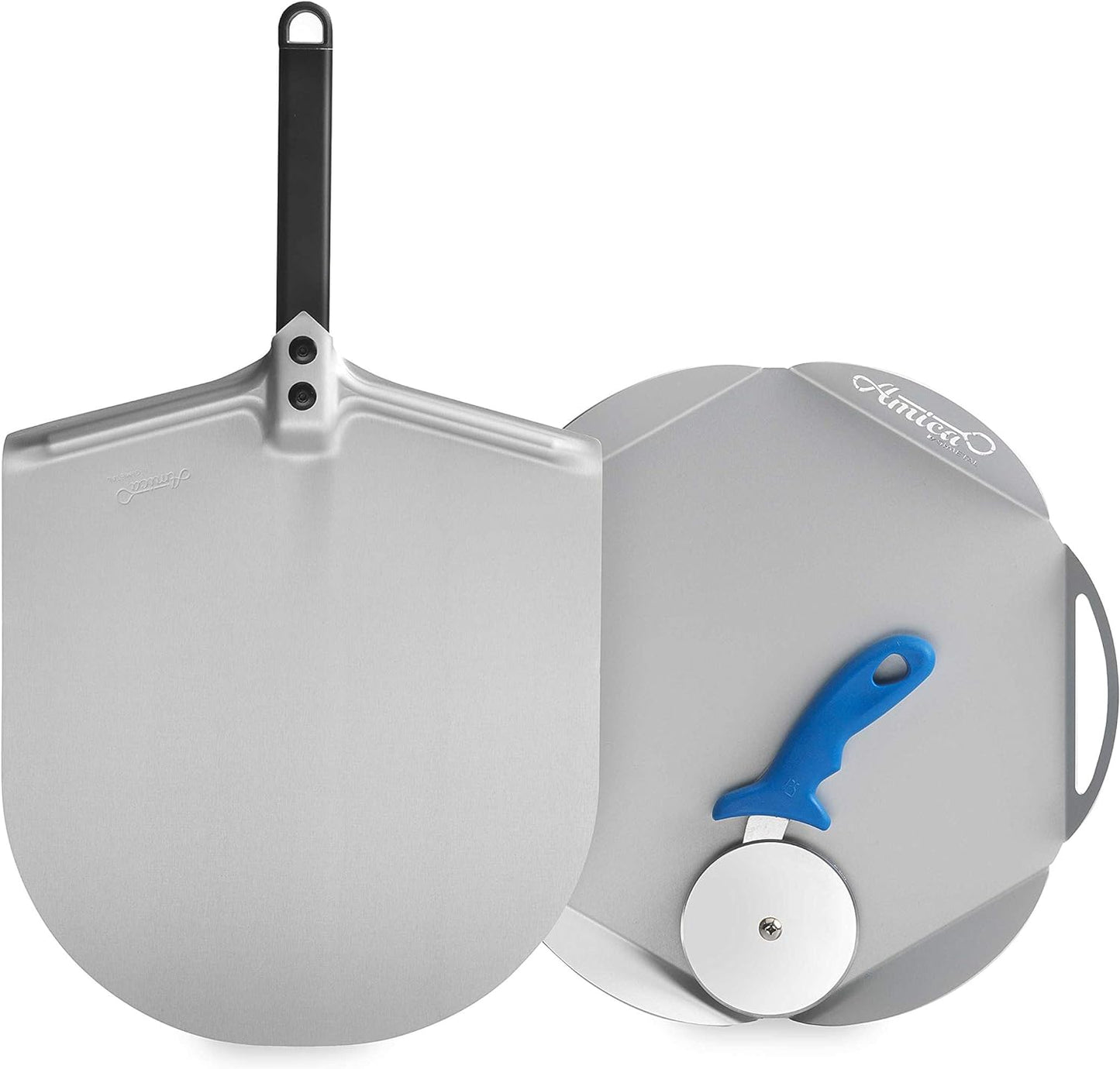 Gi.Metal Kit Accessori Pizza A Casa Mia Linea Amica (Pala per Pizza corta in Alluminio Diametro 30cm, Vassoio in Alluminio, Rotella Tagliapizza professionale)