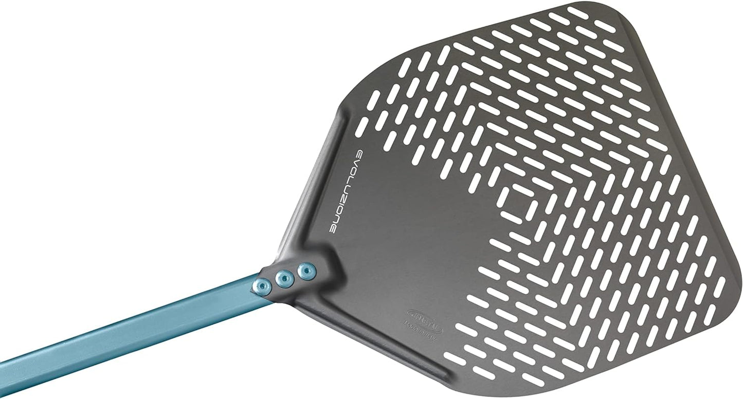 Gi.Metal Pala per Pizza rettangolare asolata (36x36 cm, Manico 60 cm) - Alluminio anodizzato in Ossido duro - Linea Evoluzione, alta Resistenza a Calore e Corrosione, Colore Avio