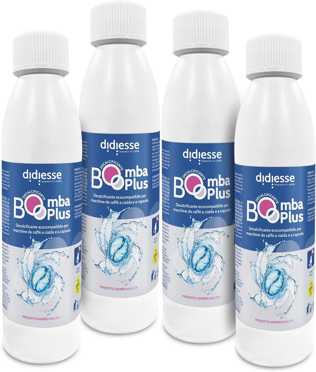 Didiesse - Decalcificante Macchina Caffè Espresso Cialde Didiesse Bomba Plus, Confezione 4 Bottiglie di Decalcificante Bomba Plus da 250ml – Trattamento anticalcare