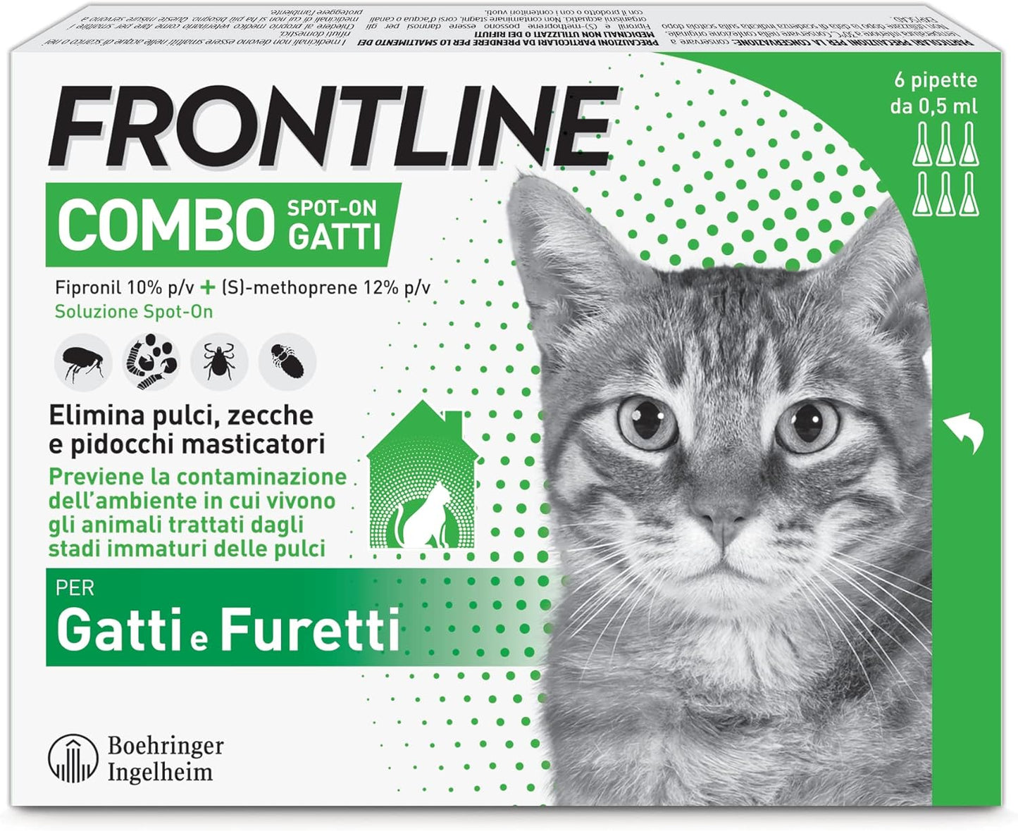 FRONTLINE Combo, Antiparassitario per Gatti, Gattini e Furetti di Lunga Durata, Protegge da Pulci, Zecche, Uova, Larve e Anche la Casa, Antipulci In Confezione ogni Pipetta è di 0.5 ml