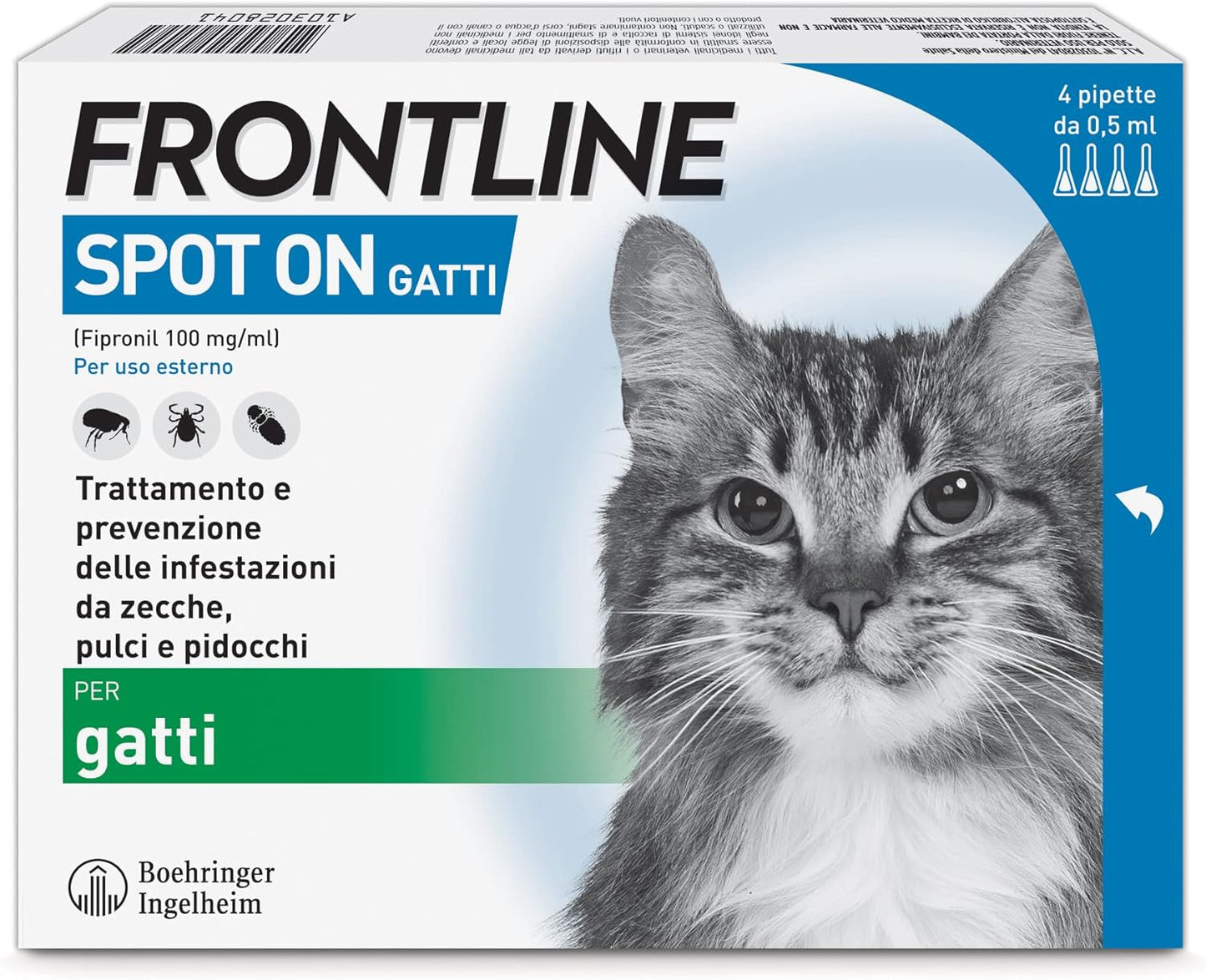 FRONTLINE Spot On, 4 Pipette, Gatto, Antiparassitario per Gatti e Gattini di Lunga Durata, Protegge da Zecche, Pulci e Pidocchi, Antipulci In Confezione da 4 Pipette da 0.5 ml