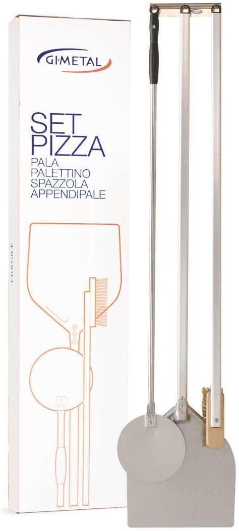 Gi.Metal SET PIZZA Linea Amica da parete per uso domestico, con Pala per pizza testa 32x30cm, Palettino testa diam. 20cm, Spazzola forno pizza e appendipale a parete 3 posti, altezza strumenti 120cm
