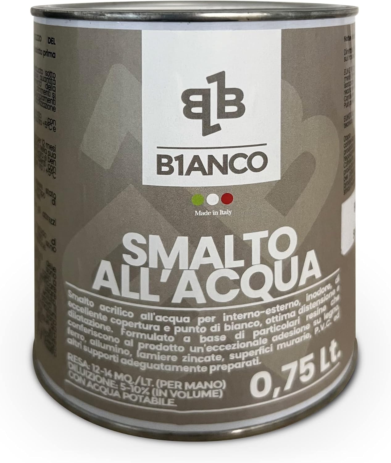 B1ANCO Smalto Bianco all'acqua opaco 750 Ml per interno e esterni, inodore, perfetto su muro, legno, ferro, alluminio e PVC, Latta da 750 ML