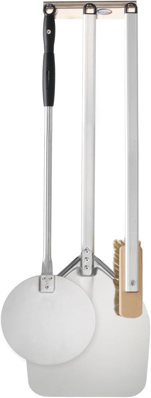 Gi.Metal Kit Pizza con Pala, Palettino, Spazzola e Appendipale a Parete per Uso domestico - Acciaio Inox e Alluminio (h 120 cm) - Tripizza Linea Amica, 100% Made in Italy, Nickel Free