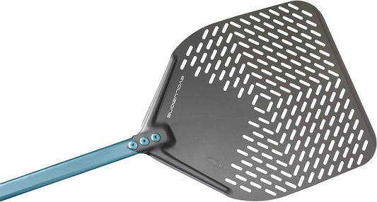 Gi.Metal Pala per Pizza rettangolare asolata (36x36 cm, Manico 60 cm) - Alluminio anodizzato in Ossido duro - Linea Evoluzione, alta Resistenza a Calore e Corrosione, Colore Avio