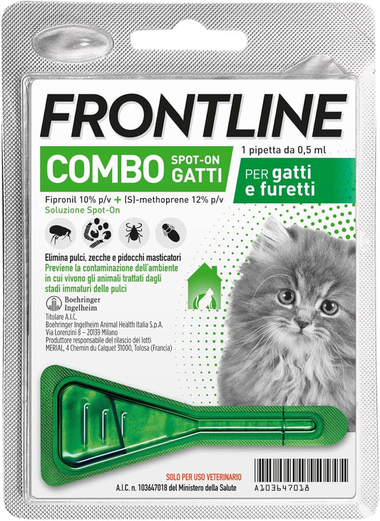 FRONTLINE Combo, Antiparassitario per Gatti, Gattini e Furetti di Lunga Durata, Protegge da Pulci, Zecche, Uova, Larve e Anche la Casa, Antipulci In Confezione ogni Pipetta è di 0.5 ml